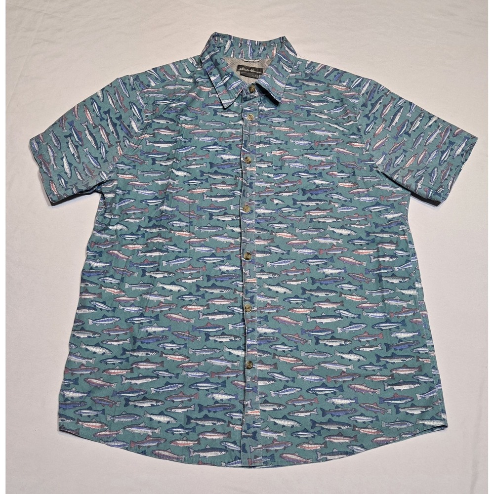 Eddie Bauer Trout Fish Print Mens ButtonUp Large Cotton Shirt Grandpacore Pics!